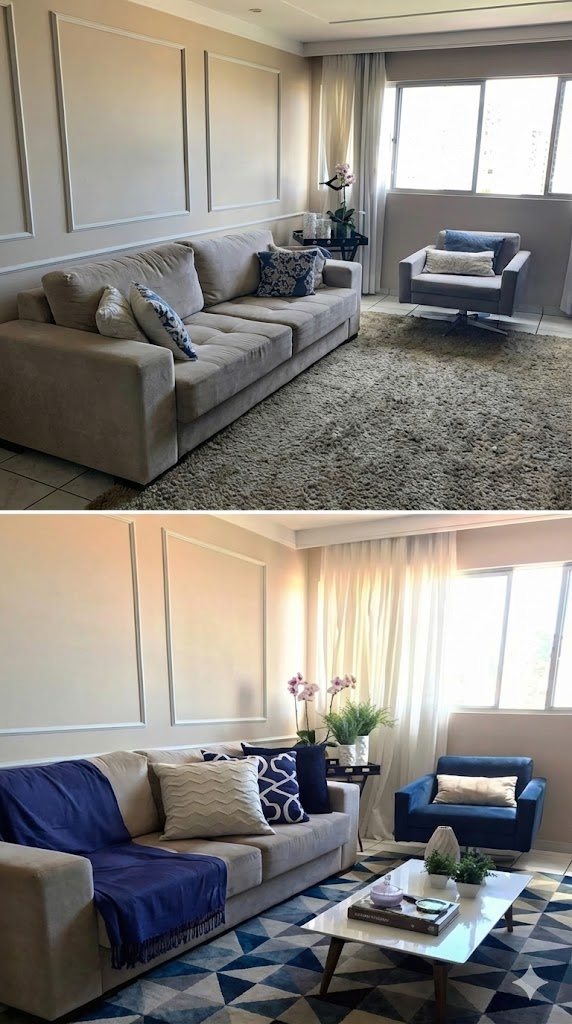 Transformação de sala de estar - de tons neutros com sofá bege para ambiente vibrante com almofadas azuis, manta azul e tapete geométrico azul.