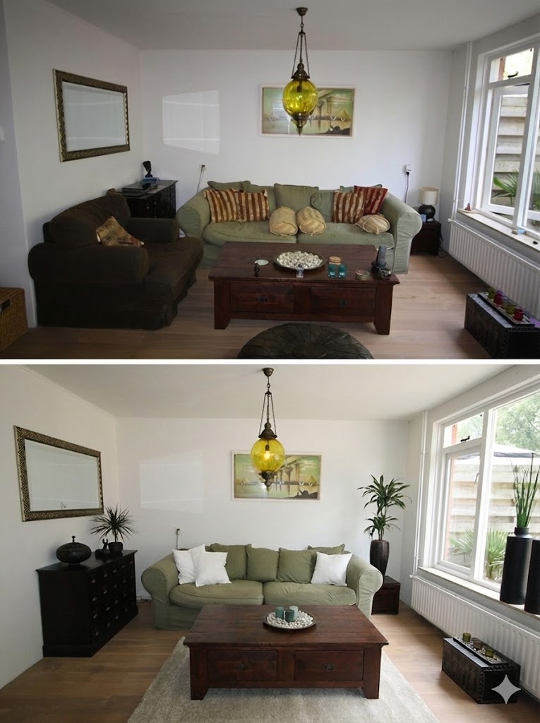 Transformação de sala de estar - de ambiente escuro com sofá verde oliva e almofadas listradas para decoração mais clara com almofadas brancas e plantas.