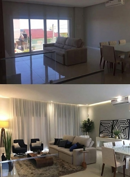 Transformação de sala e jantar integradas - de espaço vazio e minimalista para ambiente luxuoso com sofá branco, arte decorativa, plantas e iluminação ambiente.