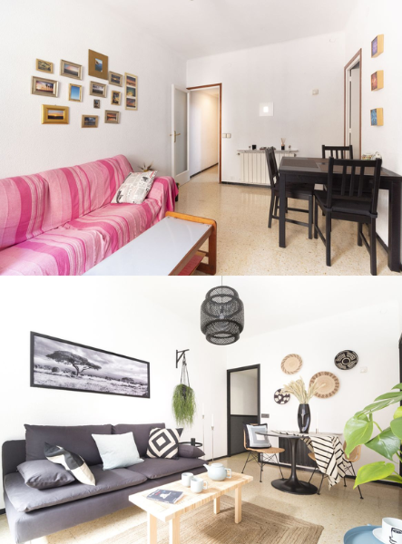 Transformação de sala pequena - de sofá rosa listrado e decoração simples para design moderno com sofá cinza, arte de parede decorativa e plantas.